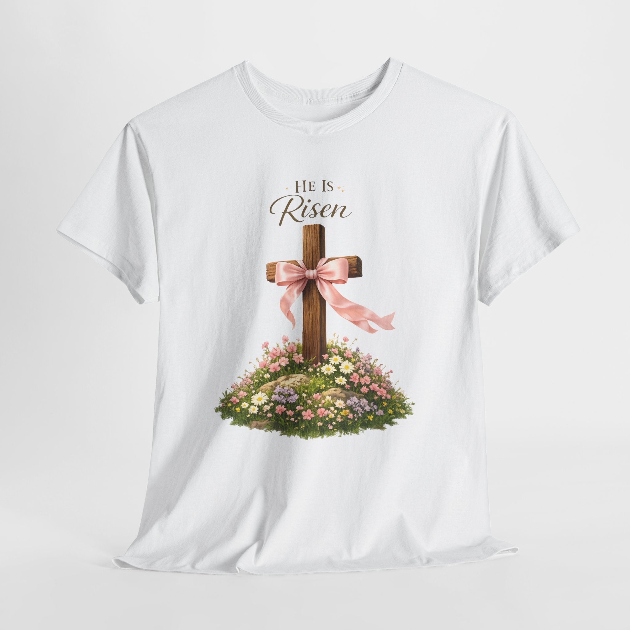 He Is Risen Shirt – Christian Easter Cross with Pink Bow Floral Graphic Tee, Faith-Based Inspirational T-Shirt for Women