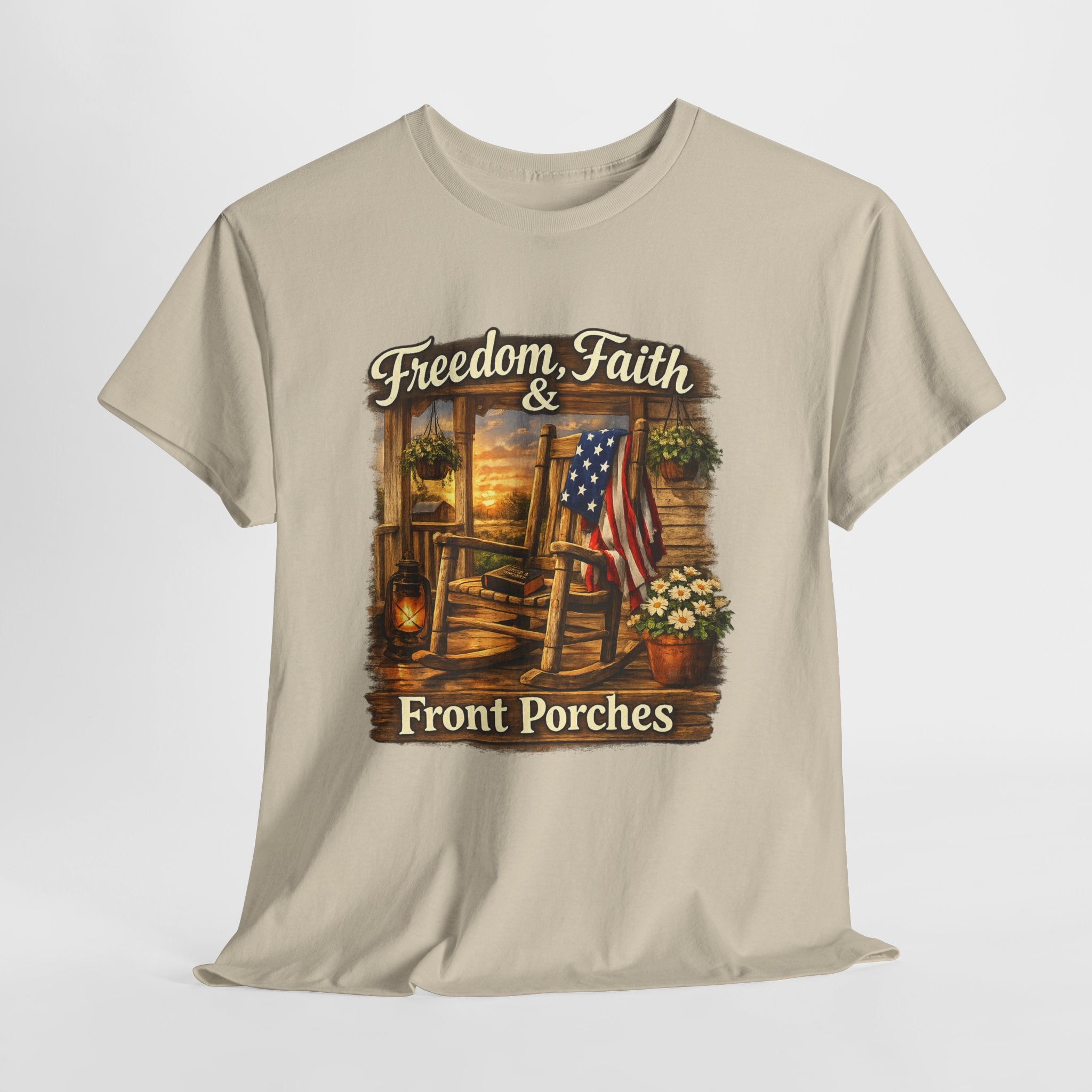 Freedom Faith Front Porch Patriotic Shirt, Christian Country Porch Life Tee, Rustic American Flag Rocking Chair T-Shirt