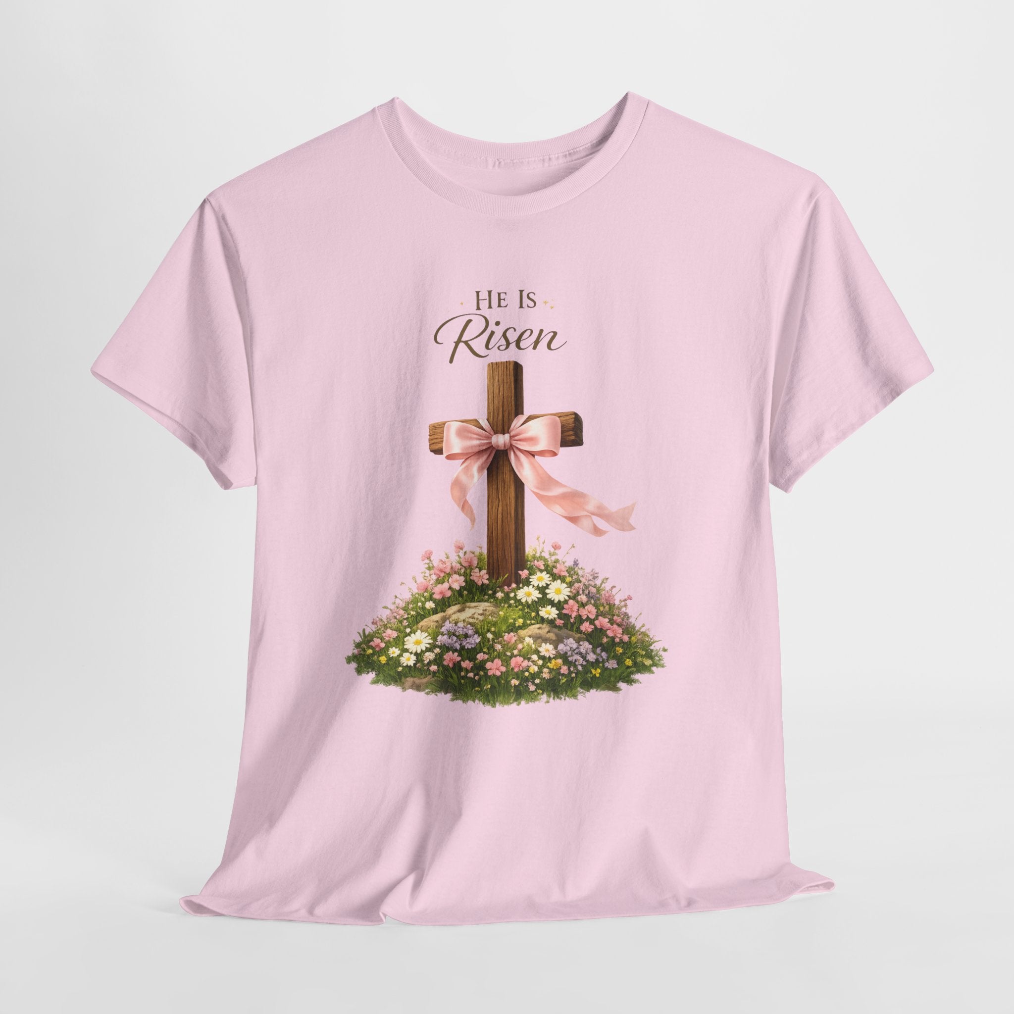 He Is Risen Shirt – Christian Easter Cross with Pink Bow Floral Graphic Tee, Faith-Based Inspirational T-Shirt for Women