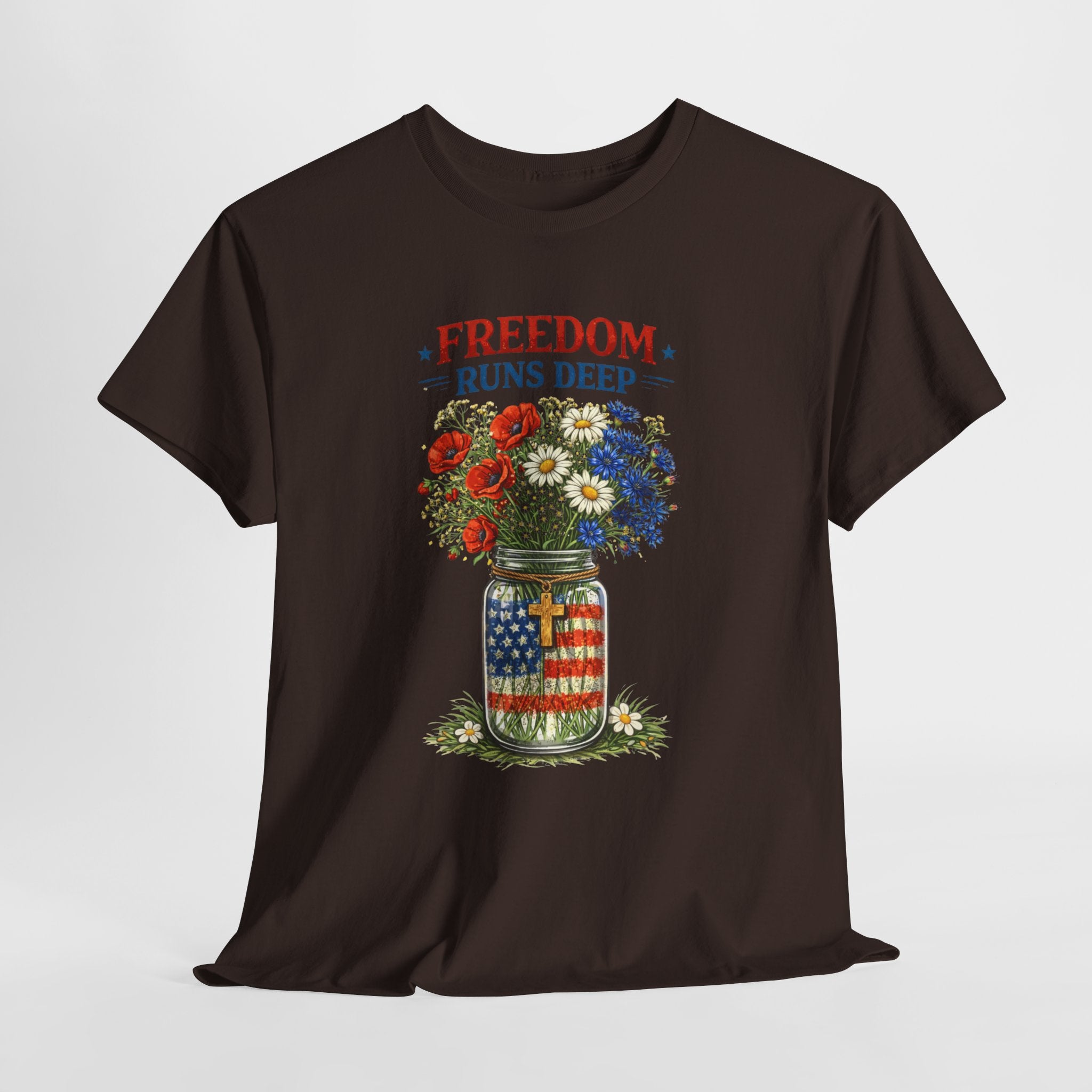 Freedom Runs Deep Patriotic Christian Shirt, Mason Jar American Flag Flowers Tee, Faith Based 4th of July T-Shirt