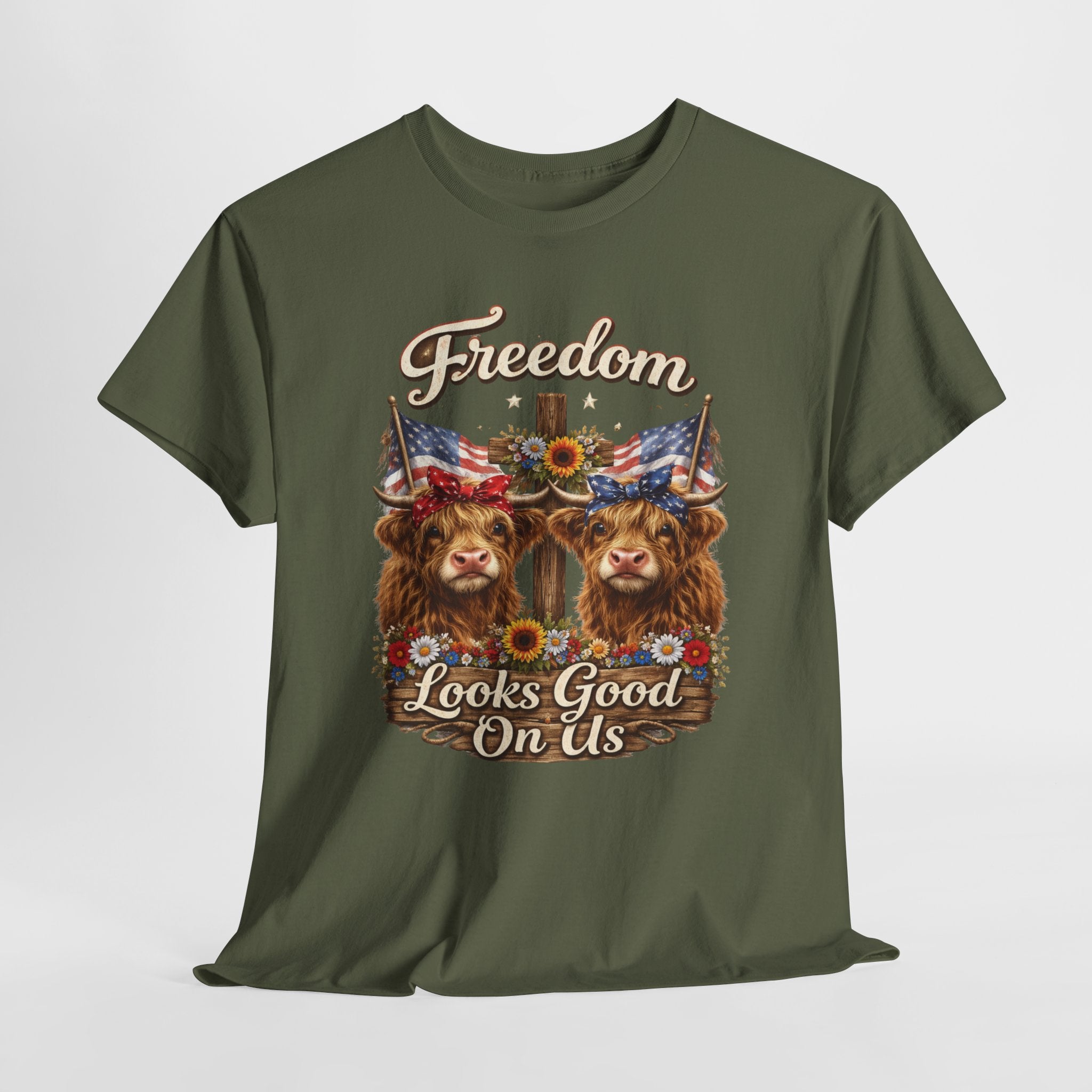 Freedom Looks Good On Us Highland Cow Patriotic Shirt, American Flag Cowgirl Tee, Funny 4th of July Farm Life T-Shirt