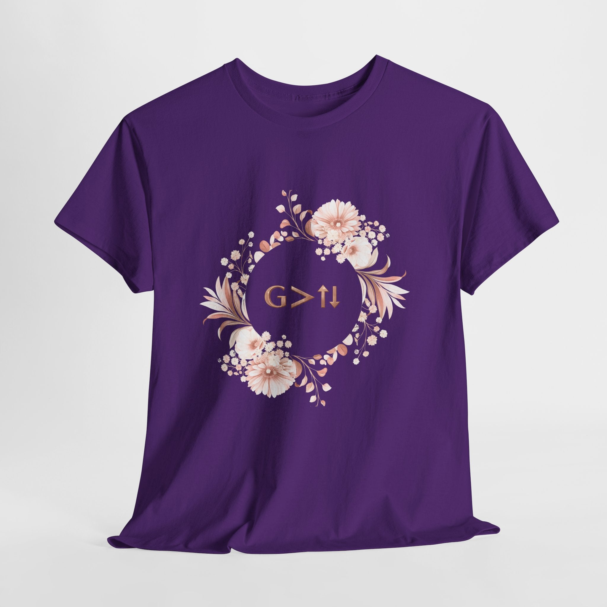 God Greater Than Highs and Lows Christian Shirt – G>↑↓ Faith Floral Wreath Tee – Inspirational Christian Women’s Shirt