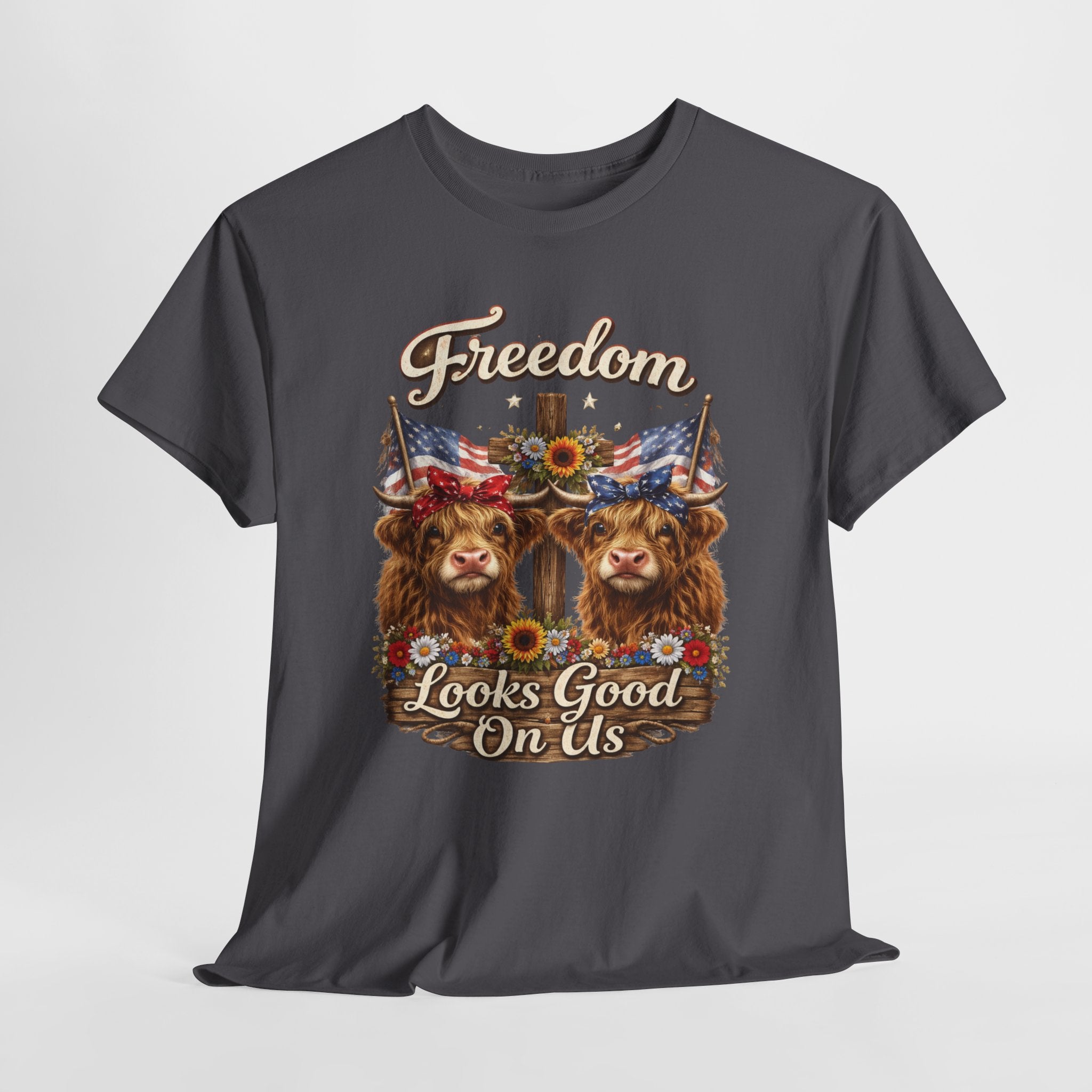 Freedom Looks Good On Us Highland Cow Patriotic Shirt, American Flag Cowgirl Tee, Funny 4th of July Farm Life T-Shirt