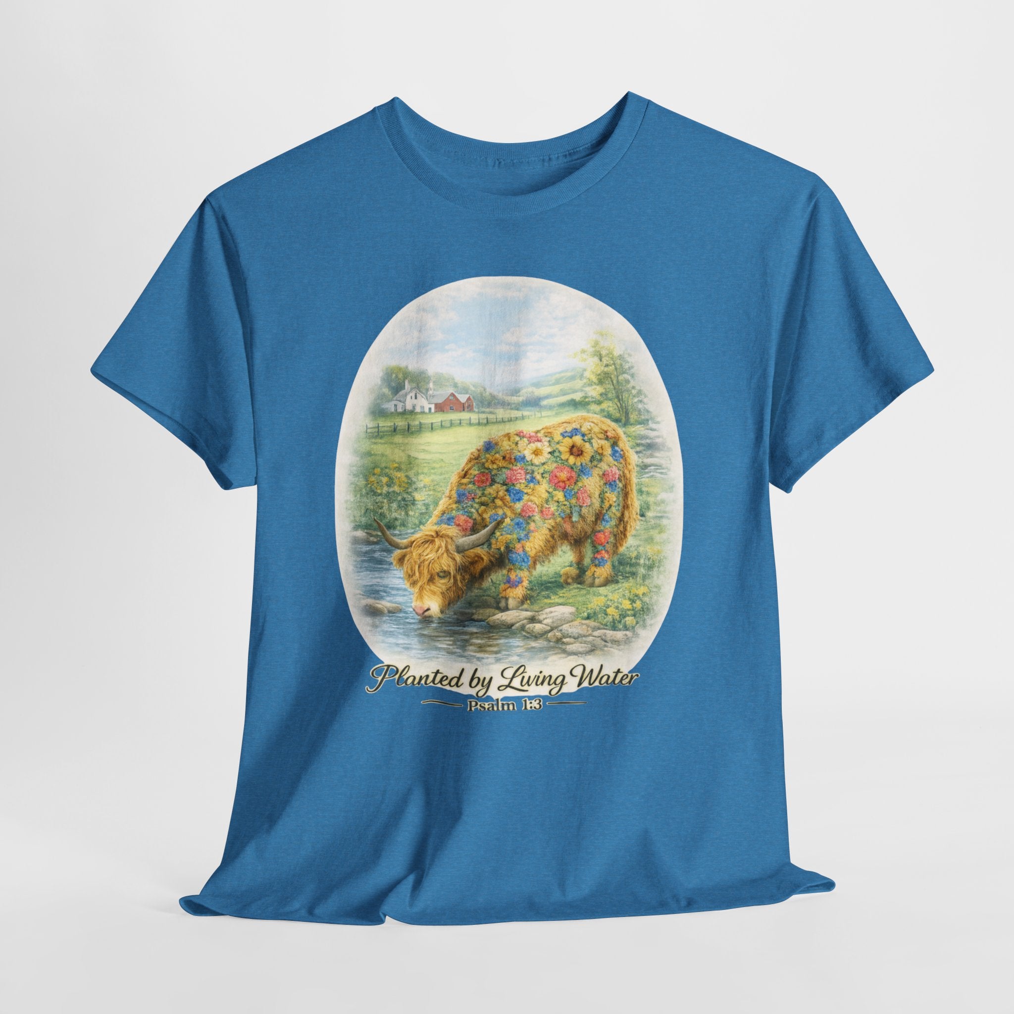 Highland Cow Planted by Living Water Shirt – Psalm 1:3 Christian Floral Cow Faith Graphic Tee