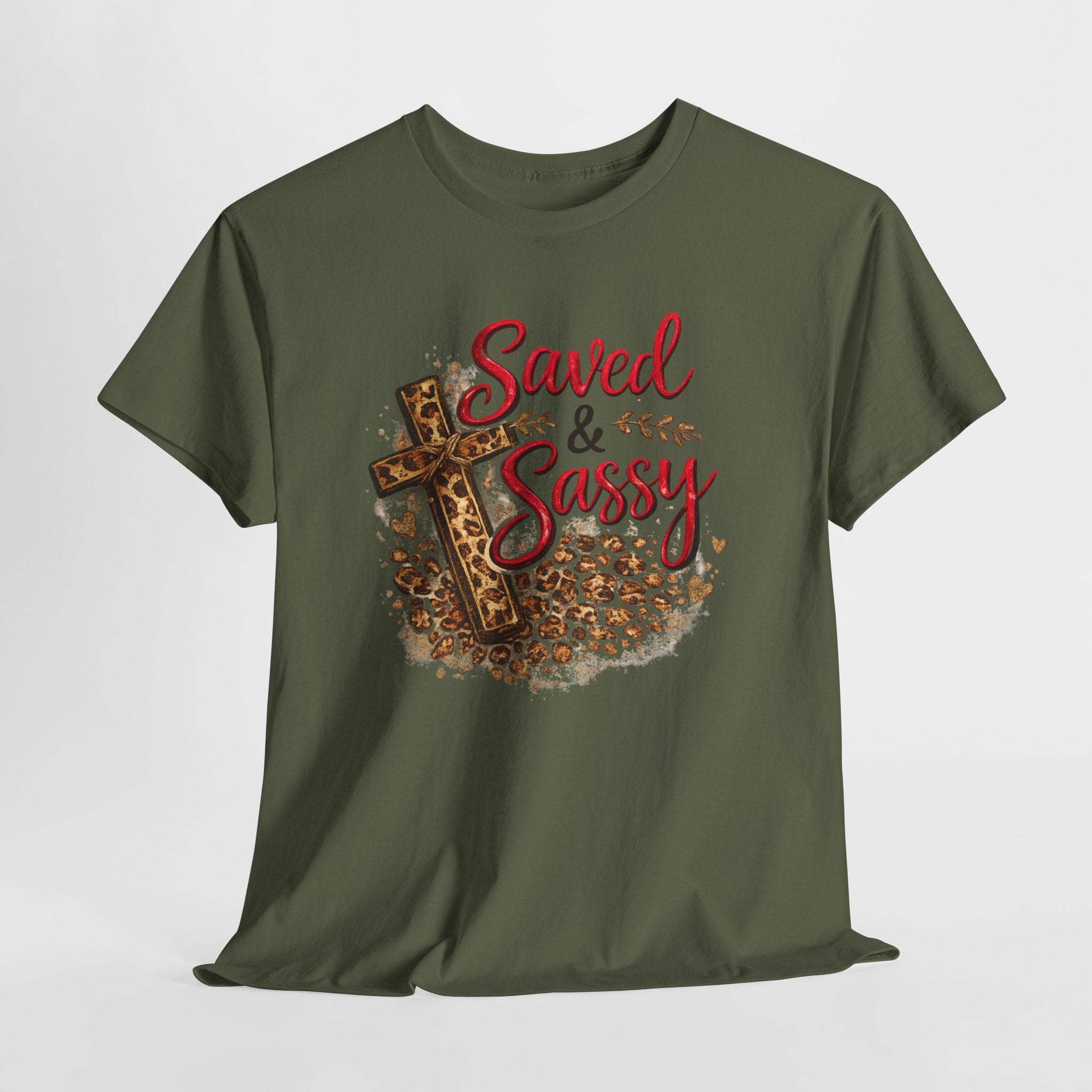 Saved and Sassy Christian Shirt – Funny Faith Women’s Tee – Leopard Cross Christian Graphic Shirt