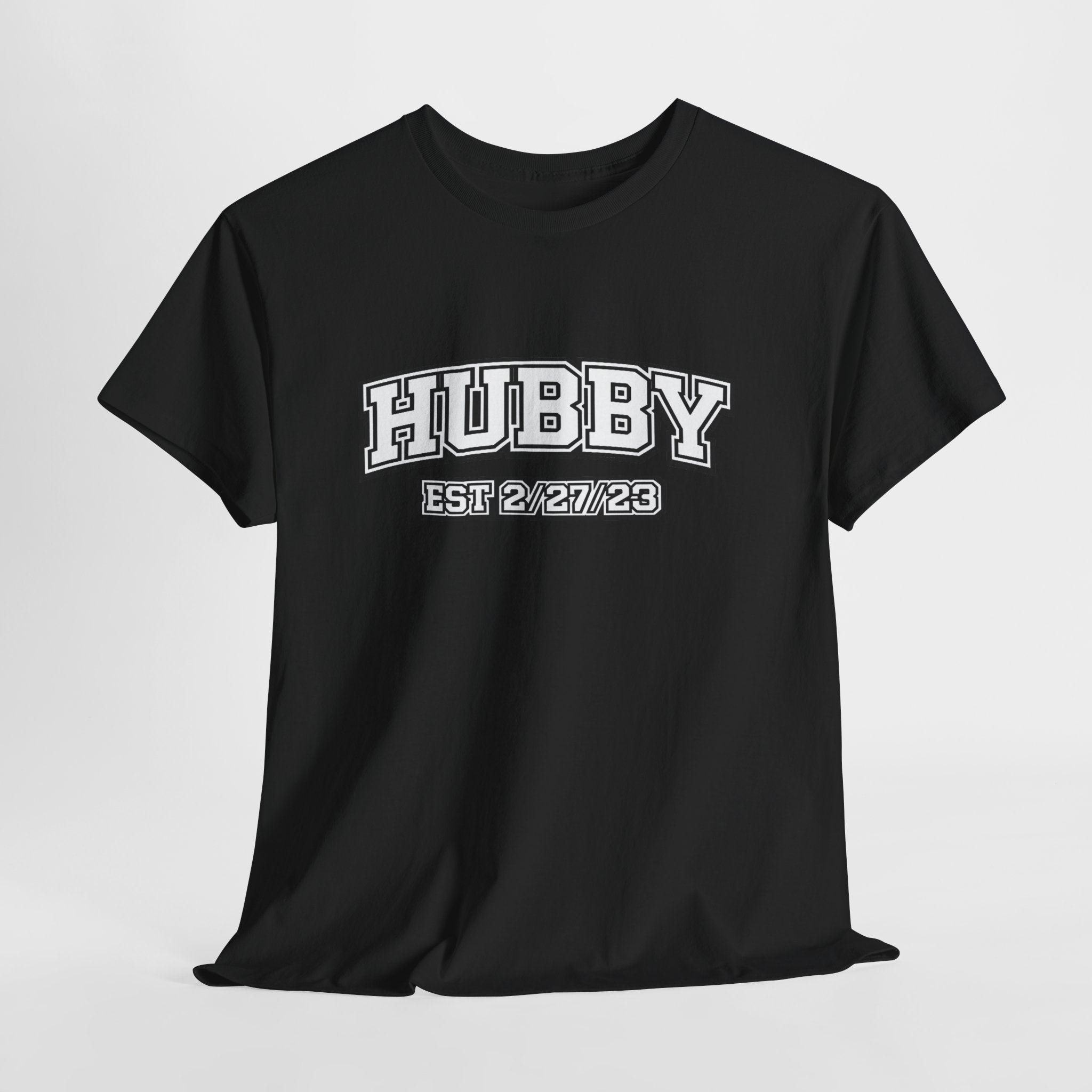 Hubby Est 2/27/23 Shirt – Christian Husband Tee – 1 John 4:19 Bible Verse on Back – Faith Based Anniversary Gift for Him