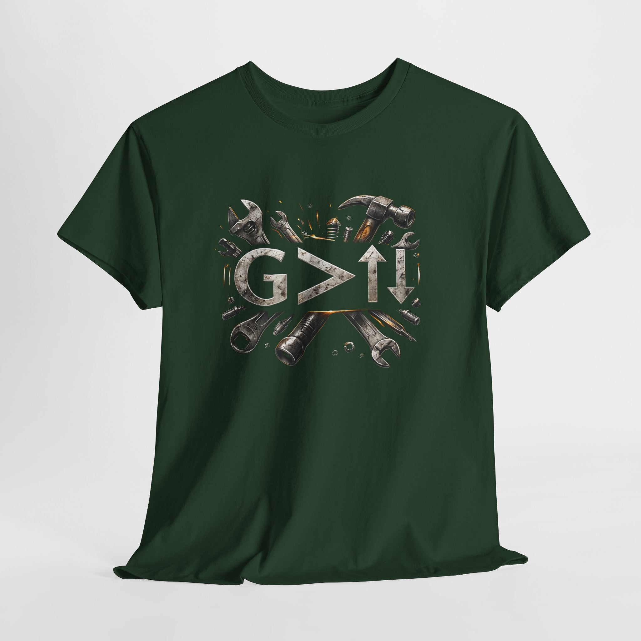 God Greater Than Highs and Lows Christian Shirt – G>↑↓ Faith Tee – Christian Mechanic & Tradesman Shirt