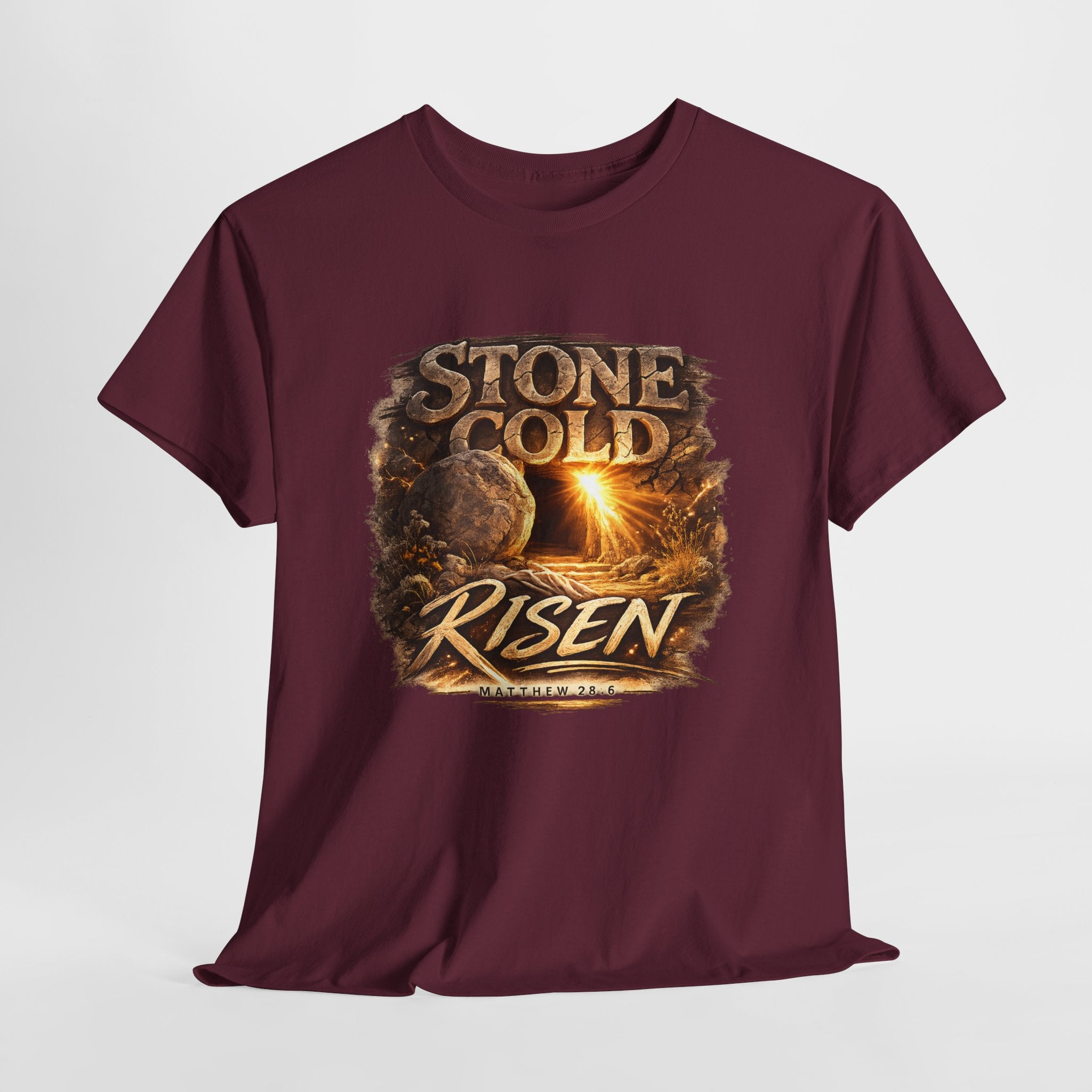 Stone Cold Risen Christian Shirt – Matthew 28:6 Bible Verse – Empty Tomb Resurrection Shirt – Easter Christian Graphic Tee