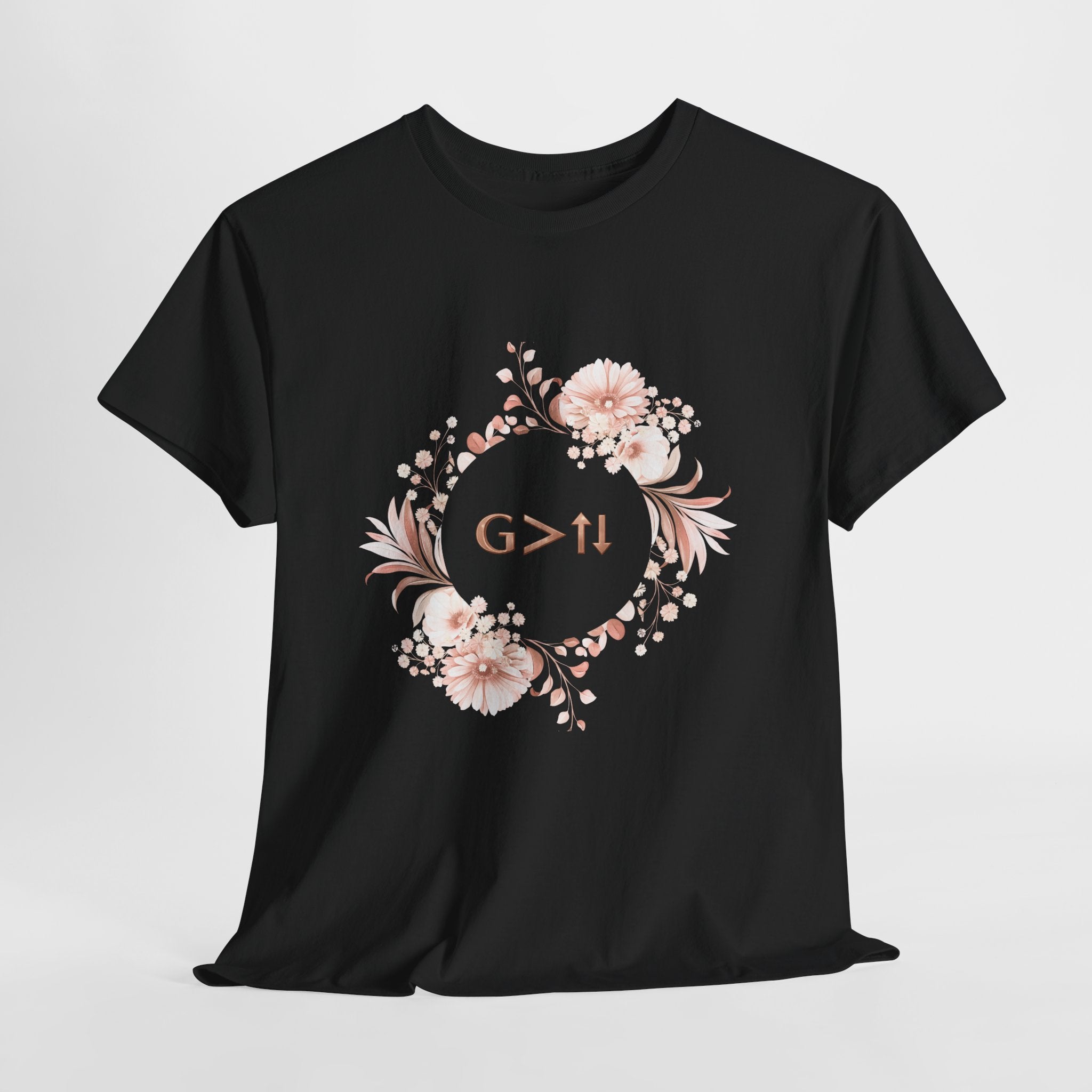 God Greater Than Highs and Lows Christian Shirt – G>↑↓ Faith Floral Wreath Tee – Inspirational Christian Women’s Shirt
