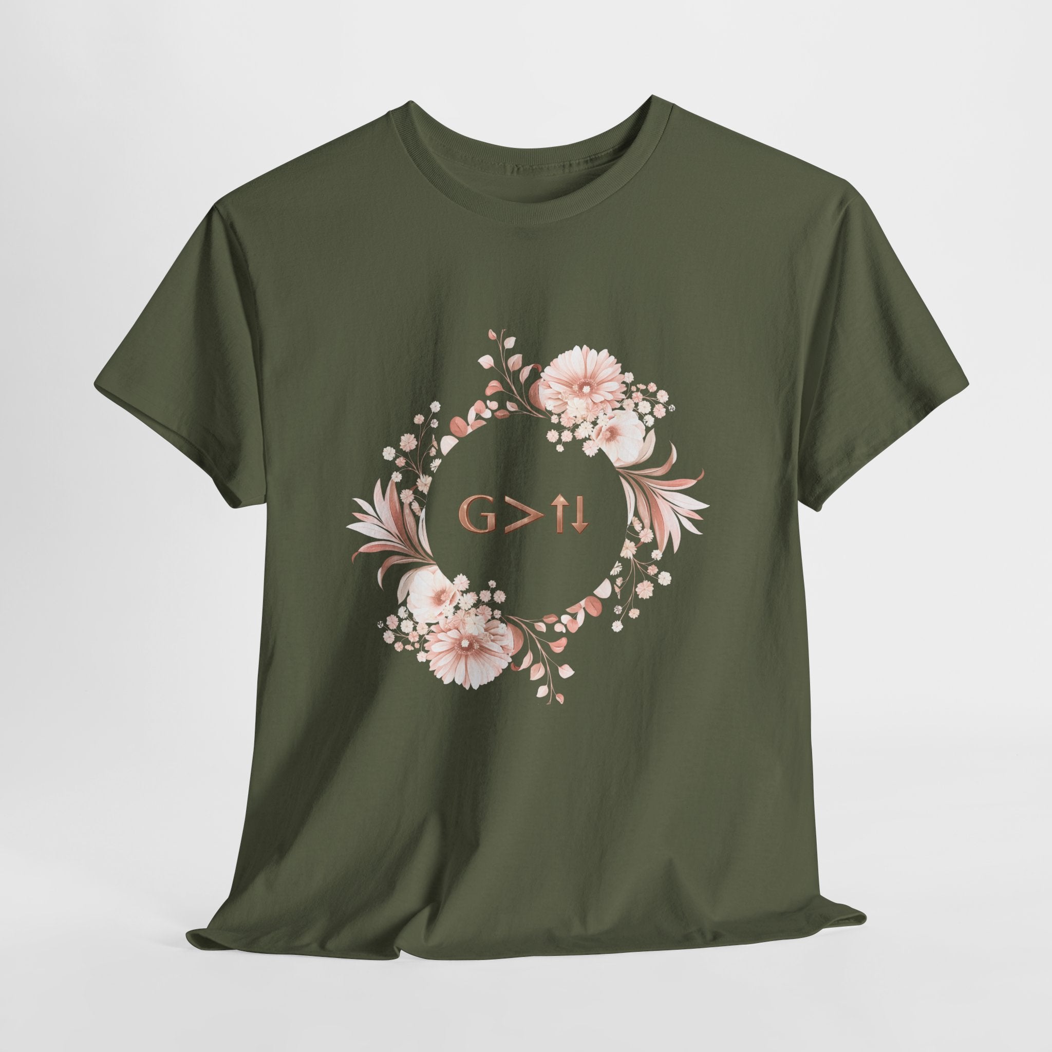 God Greater Than Highs and Lows Christian Shirt – G>↑↓ Faith Floral Wreath Tee – Inspirational Christian Women’s Shirt