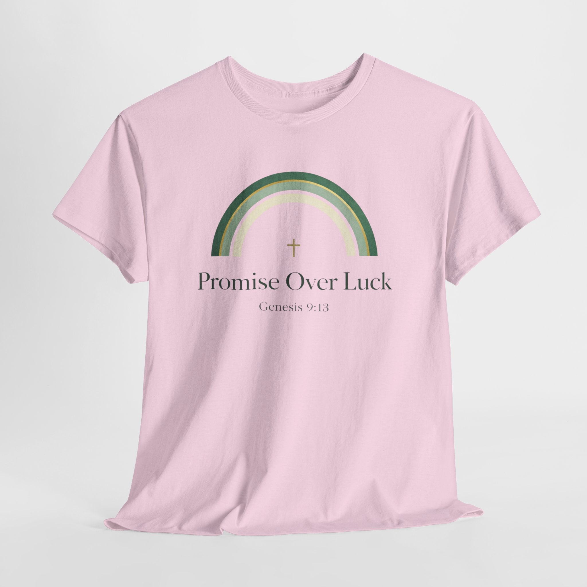 Promise Over Luck Christian Shirt – Genesis 9:13 Faith Based Rainbow T-Shirt – St. Patrick’s Day Christian Apparel for Women & Men