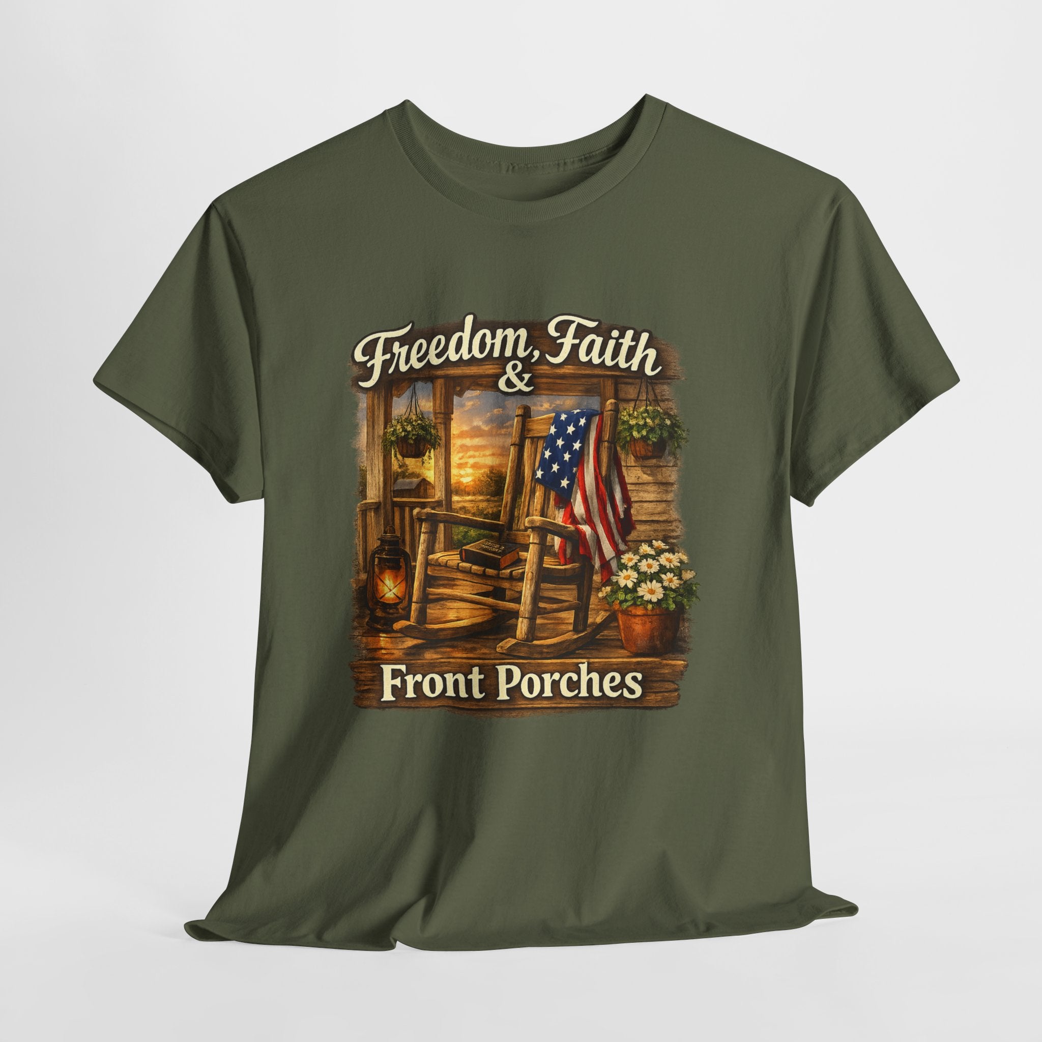 Freedom Faith Front Porch Patriotic Shirt, Christian Country Porch Life Tee, Rustic American Flag Rocking Chair T-Shirt