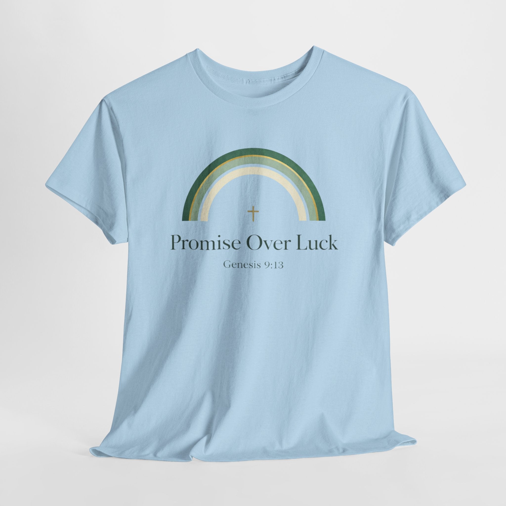 Promise Over Luck Christian Shirt – Genesis 9:13 Faith Based Rainbow T-Shirt – St. Patrick’s Day Christian Apparel for Women & Men