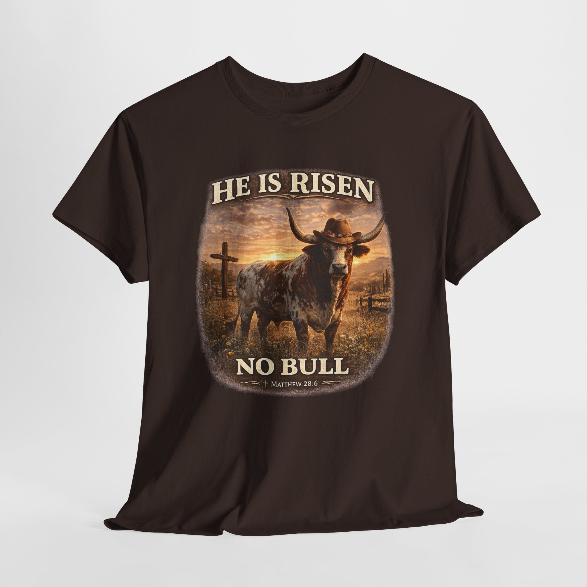 He Is Risen No Bull Christian Cowboy Shirt – Matthew 28:6 Easter Faith Western Graphic Tee