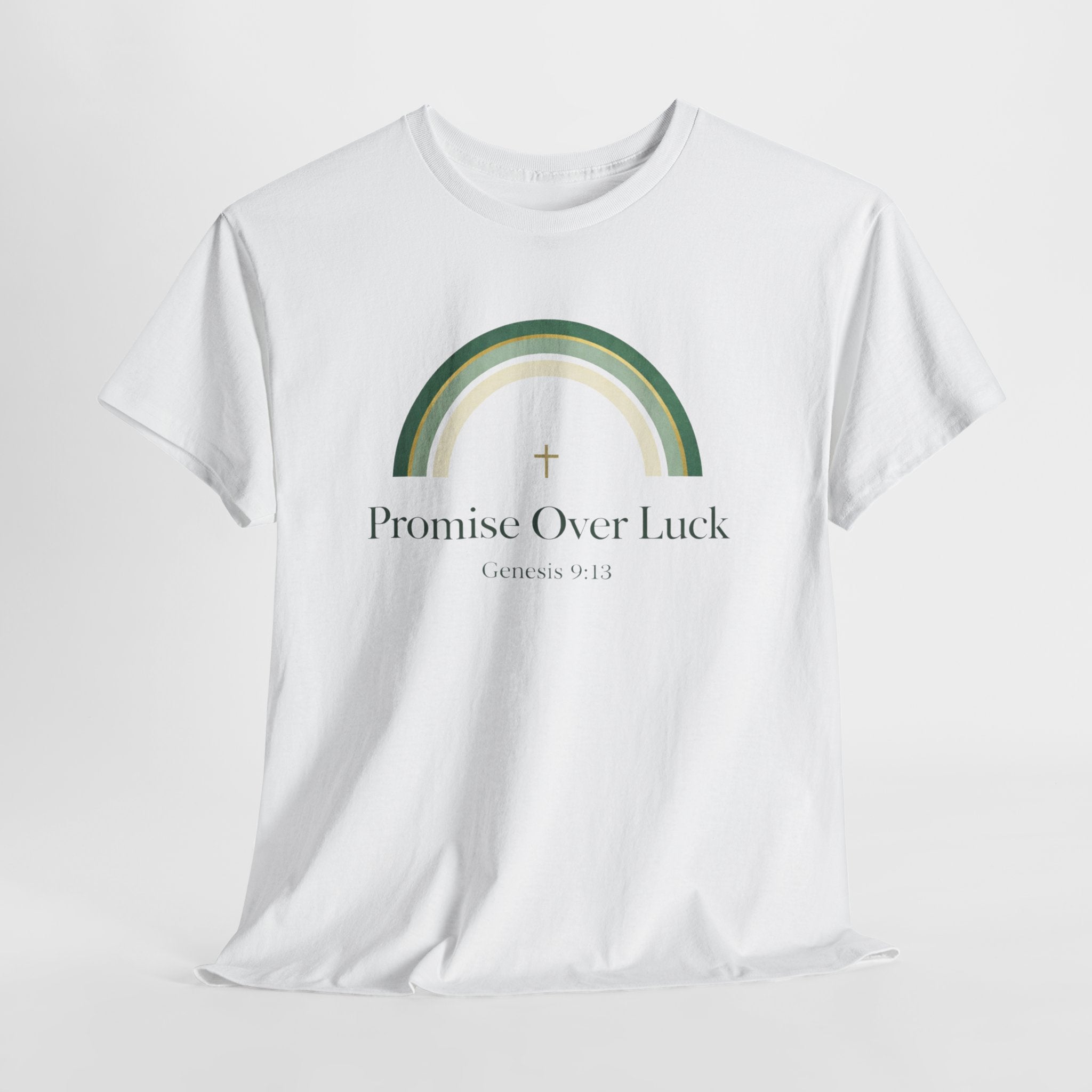 Promise Over Luck Christian Shirt – Genesis 9:13 Faith Based Rainbow T-Shirt – St. Patrick’s Day Christian Apparel for Women & Men