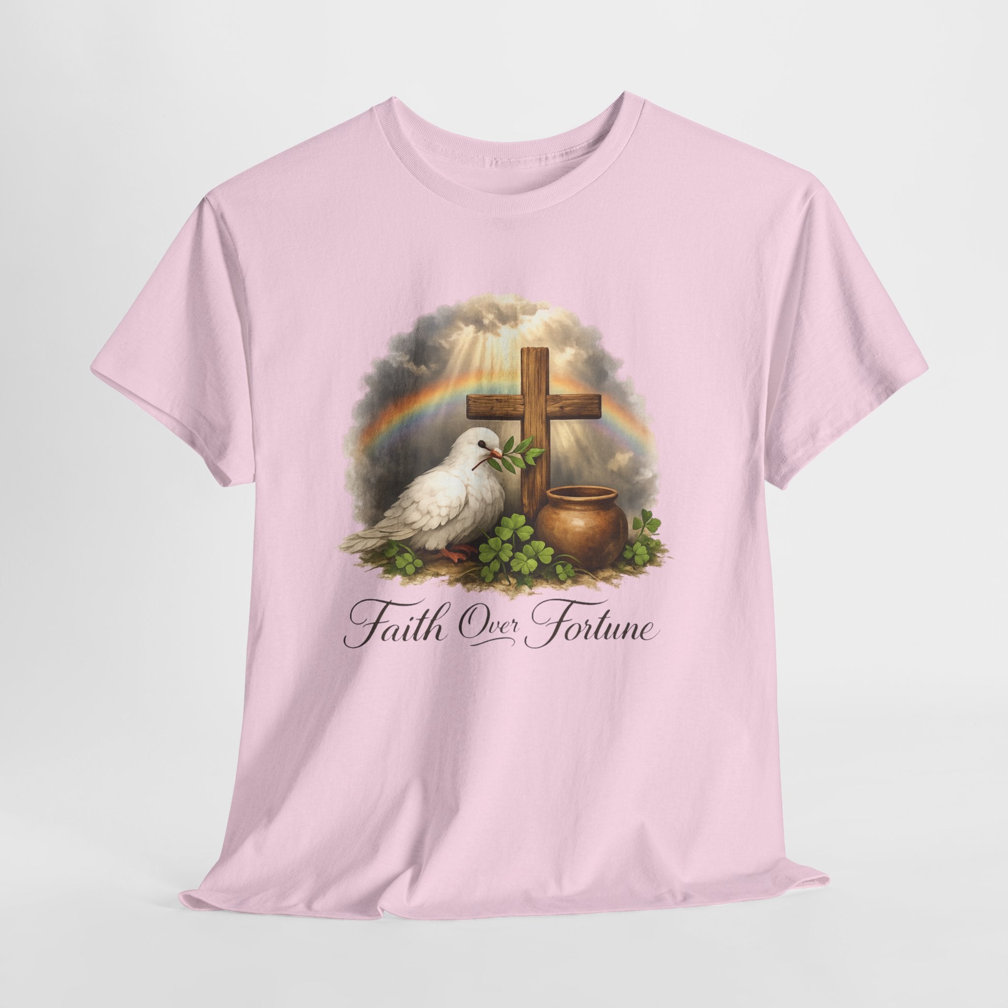 Faith Over Fortune Shirt – Christian Cross, Dove and Rainbow Graphic Tee, Inspirational Faith-Based T-Shirt for Women