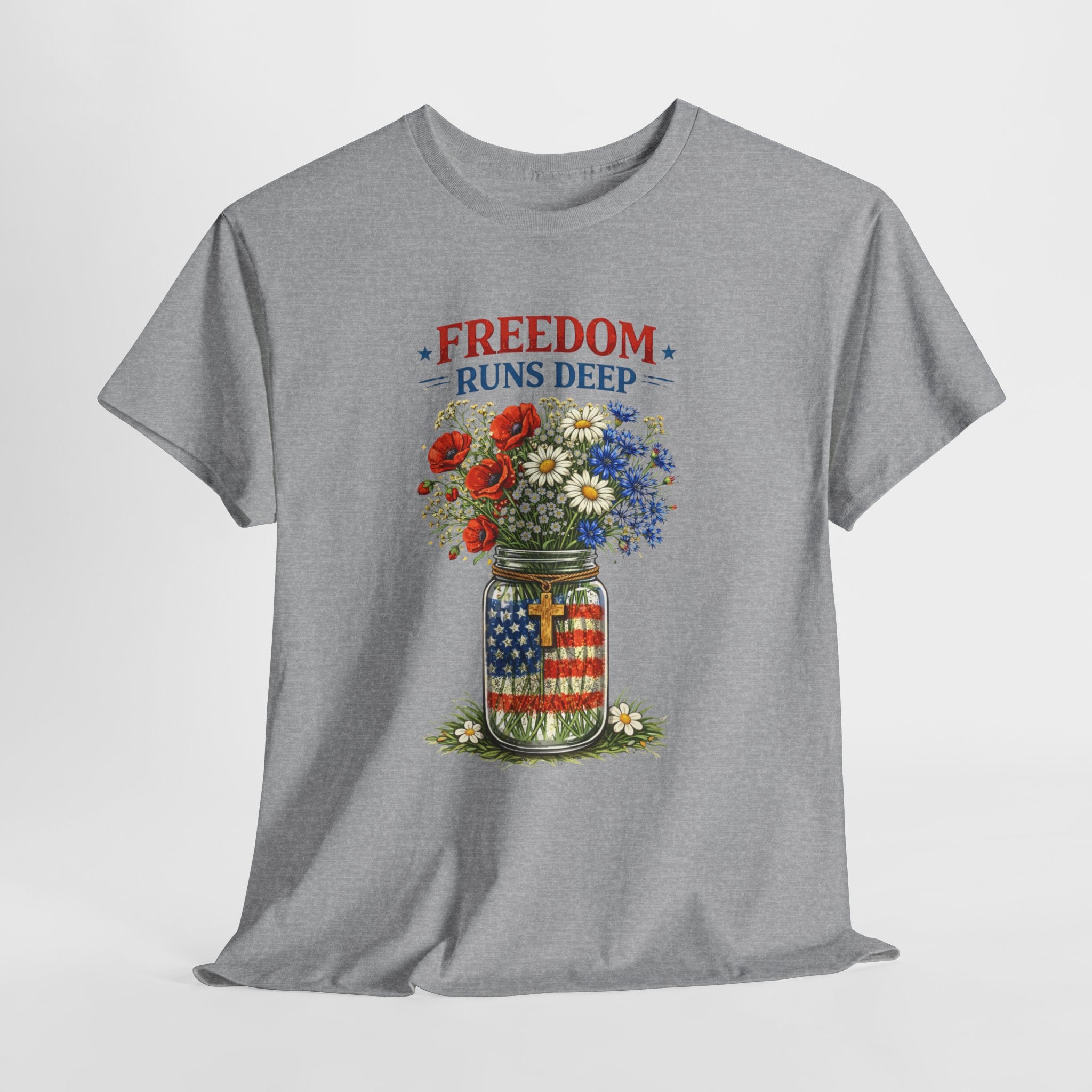 Freedom Runs Deep Patriotic Christian Shirt, Mason Jar American Flag Flowers Tee, Faith Based 4th of July T-Shirt