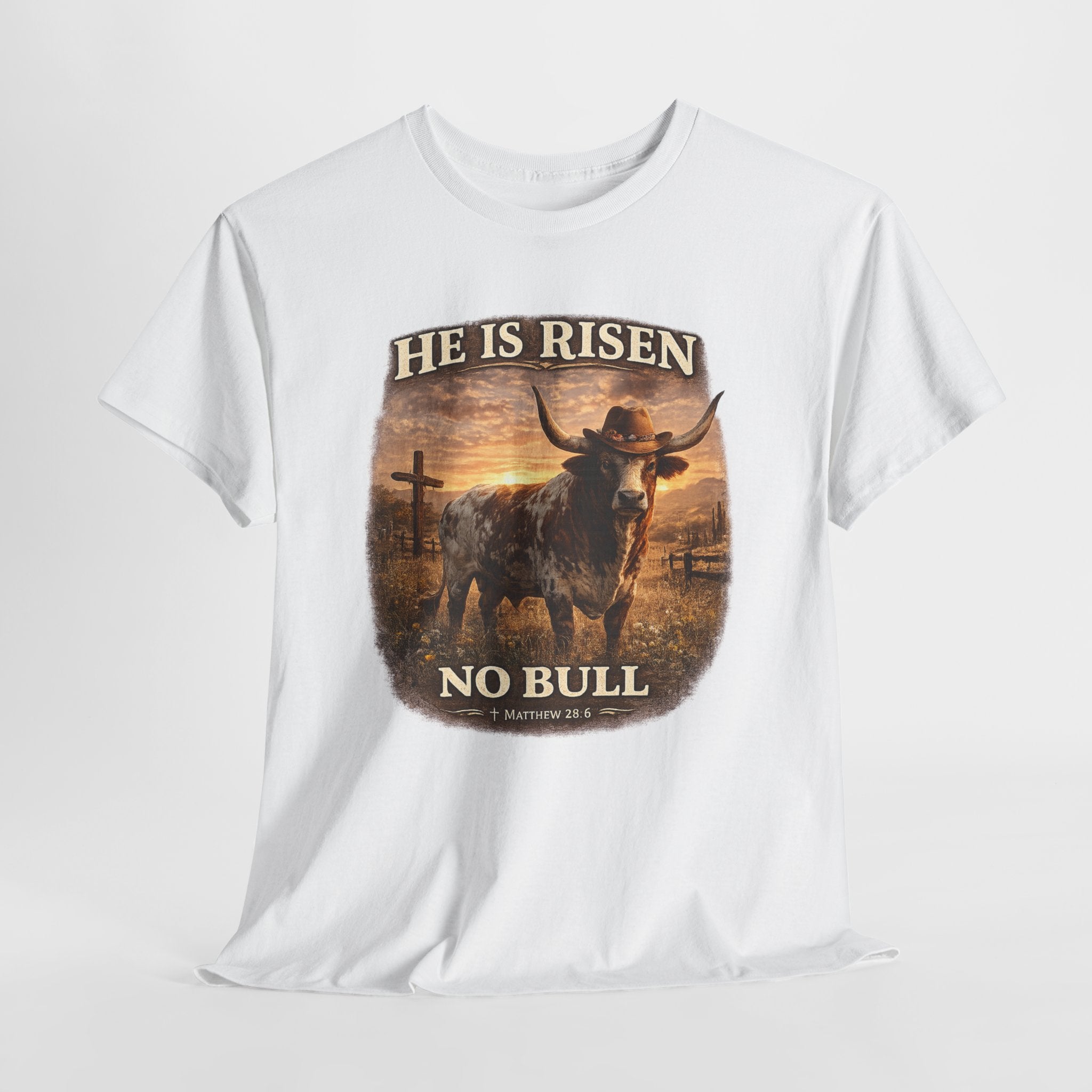 He Is Risen No Bull Christian Cowboy Shirt – Matthew 28:6 Easter Faith Western Graphic Tee