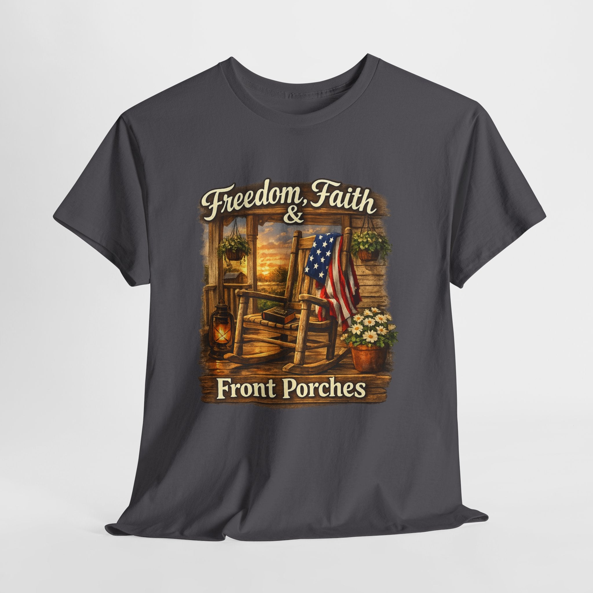 Freedom Faith Front Porch Patriotic Shirt, Christian Country Porch Life Tee, Rustic American Flag Rocking Chair T-Shirt